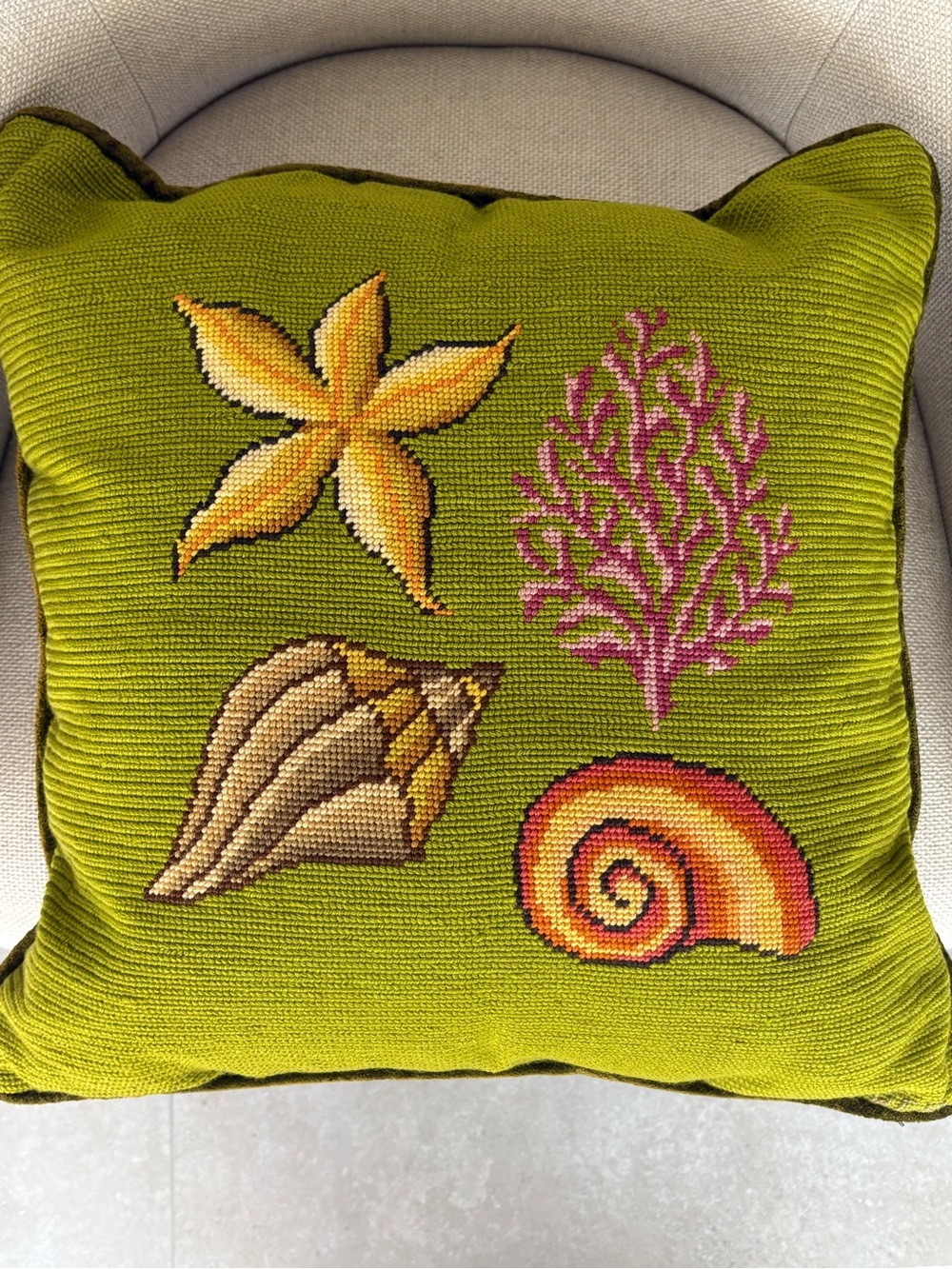 Handmade Green Needlepoint Seashells Pillow 18” Sq Velvet,Feather Insert, Zipper